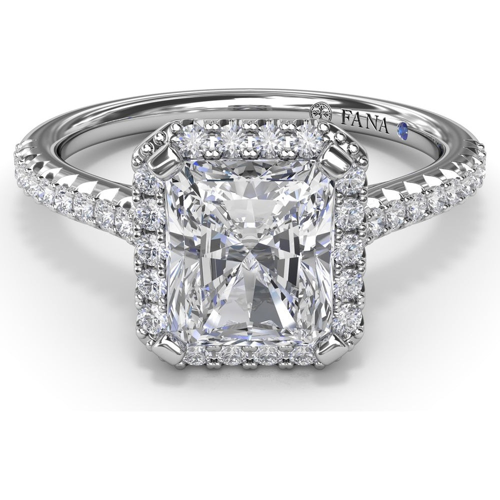 Delicate Radiant Halo Engagement Ring Setting with Pavé Diamond Band - 0.32 Carat Total Side Stone Weight by Fana
