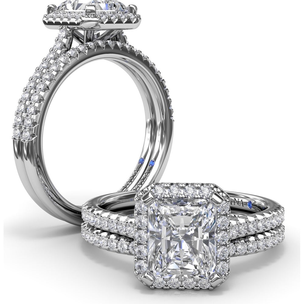 Delicate Radiant Halo Engagement Ring Setting with Pavé Diamond Band - 0.32 Carat Total Side Stone Weight by Fana