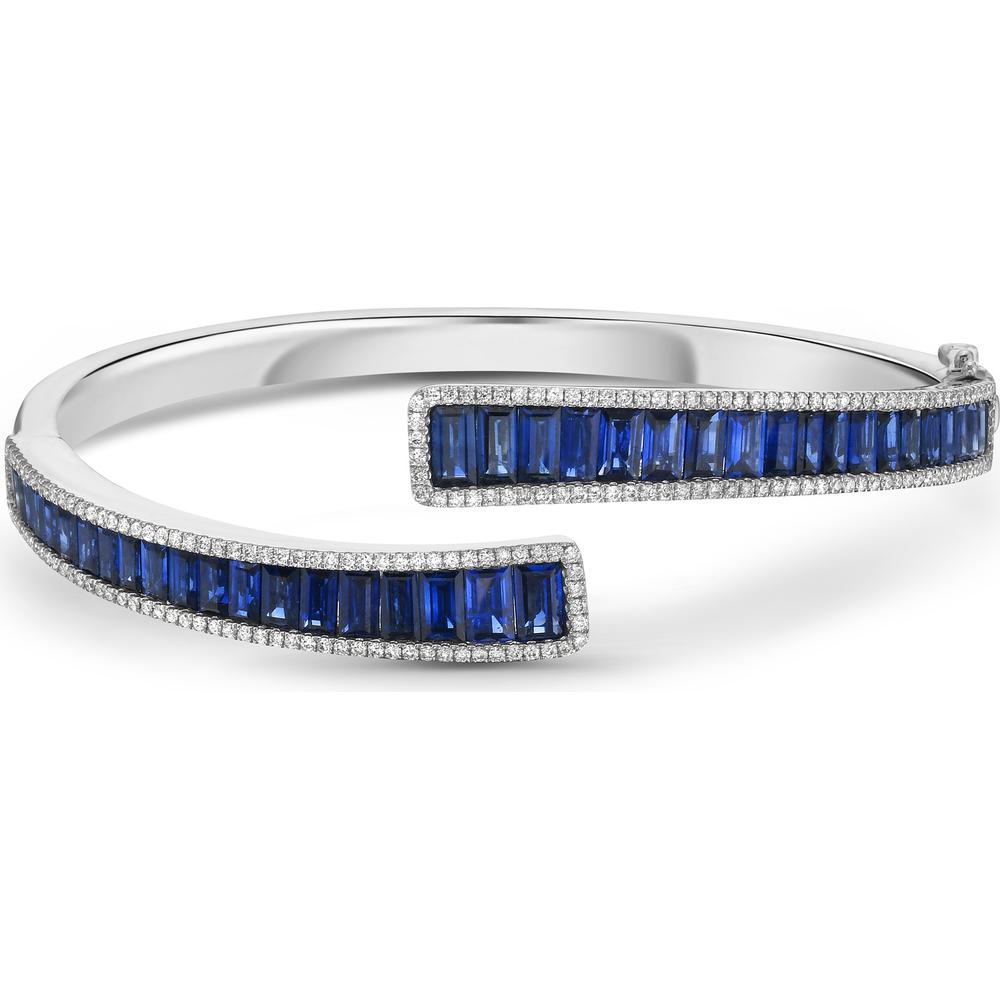 Diamond and Blue Sapphire Baguette Bypass Cuff Bracelet in 18K White Gold by Charles Krypell
