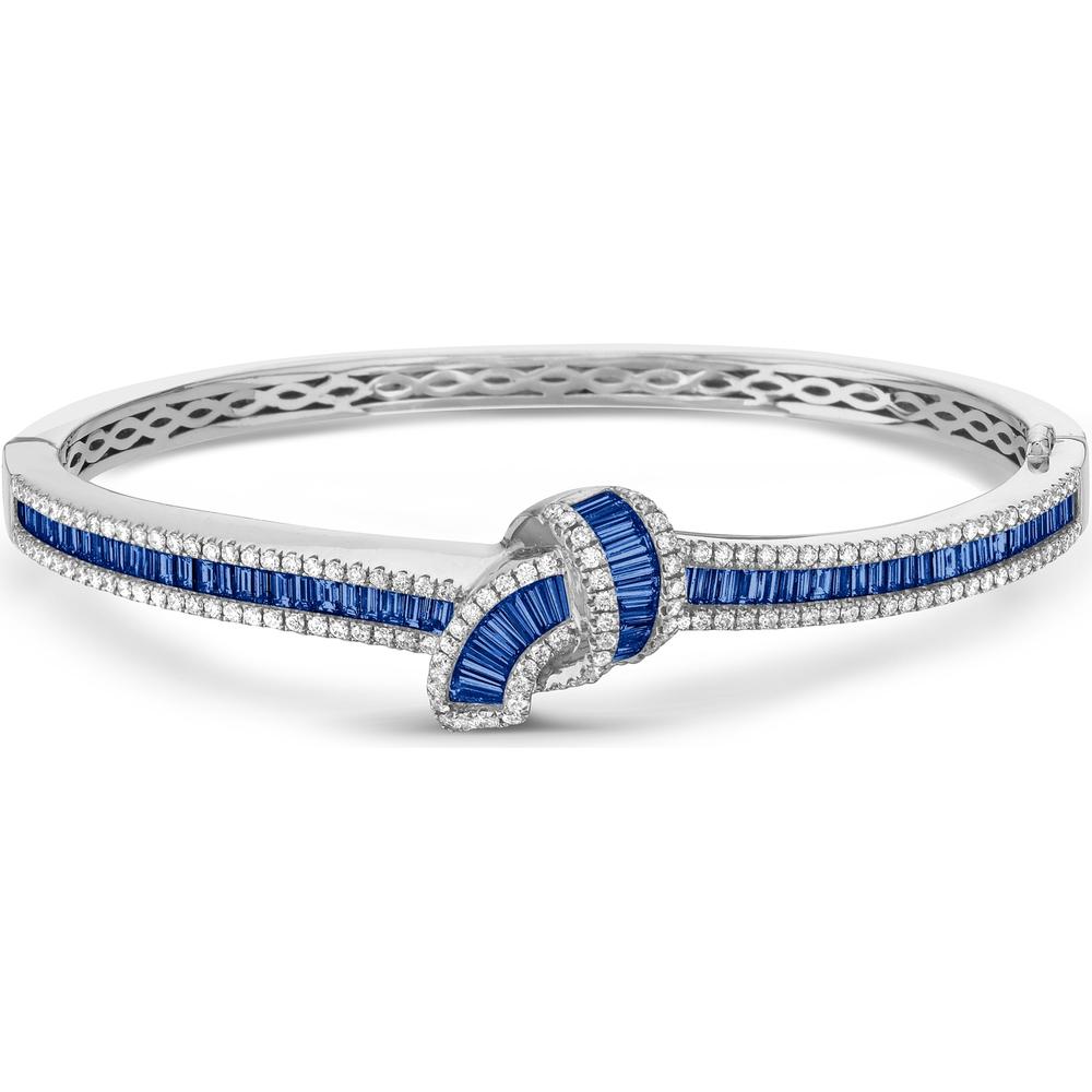 Diamond and Blue Sapphire Baguette Embrace Bangle Bracelet in 18K White Gold by Charles Krypell