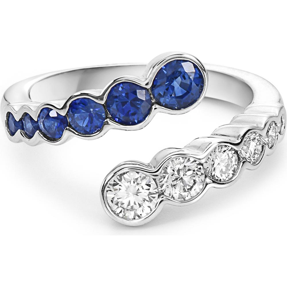 Diamond and Blue Sapphire Demi Bezel Bypass Ring in 18K White Gold by Charles Krypell