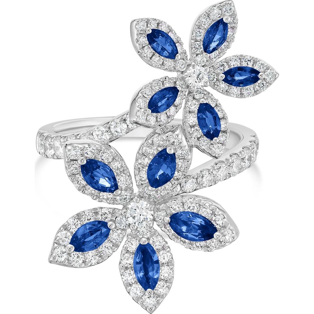 Diamond and Blue Sapphire Double Flower Ring in 18K White Gold by Charles Krypell