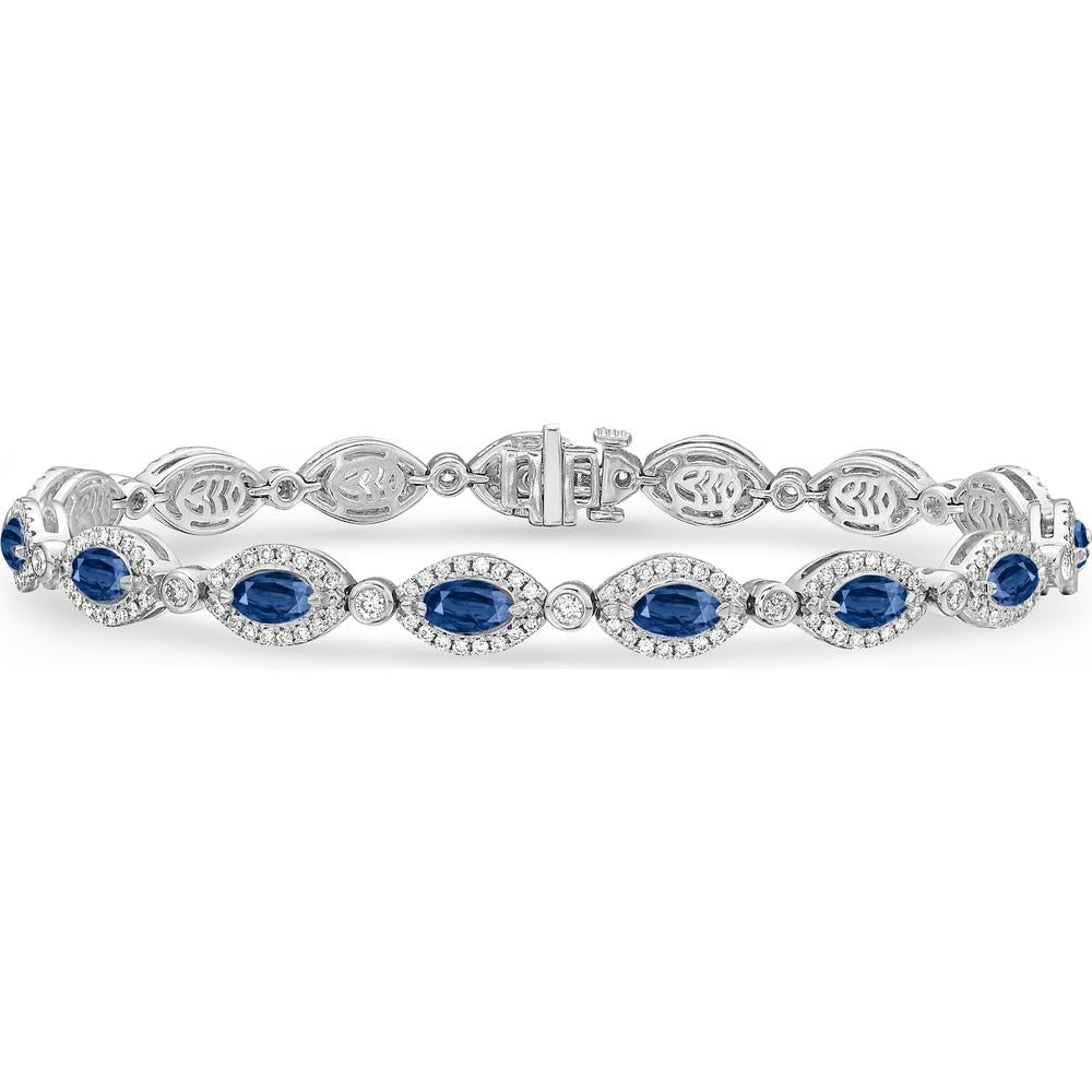 Diamond and Blue Sapphire Halo Link Bracelet in 18K White Gold by Charles Krypell