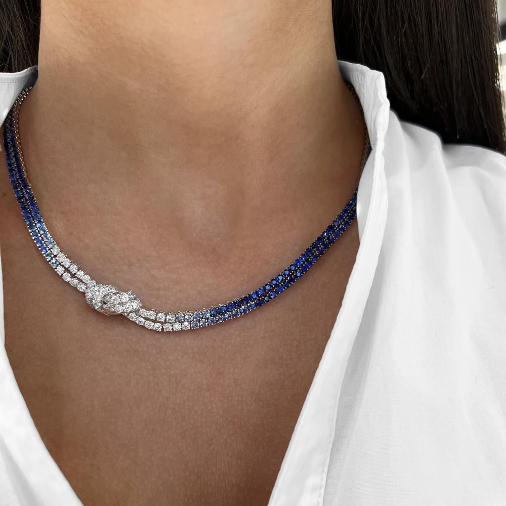 Diamond and Blue Sapphire Ombre Knot Necklace in 18K White Gold by Charles Krypell