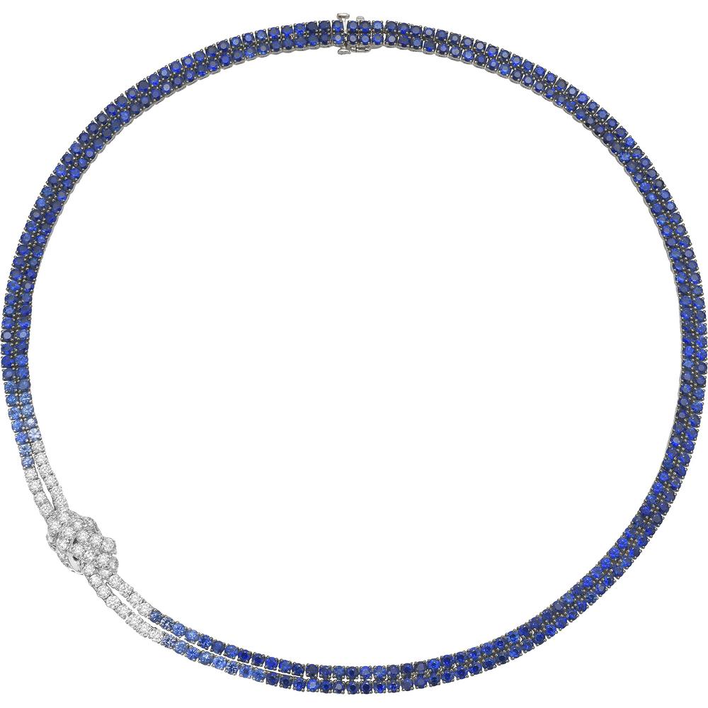 Diamond and Blue Sapphire Ombre Knot Necklace in 18K White Gold by Charles Krypell