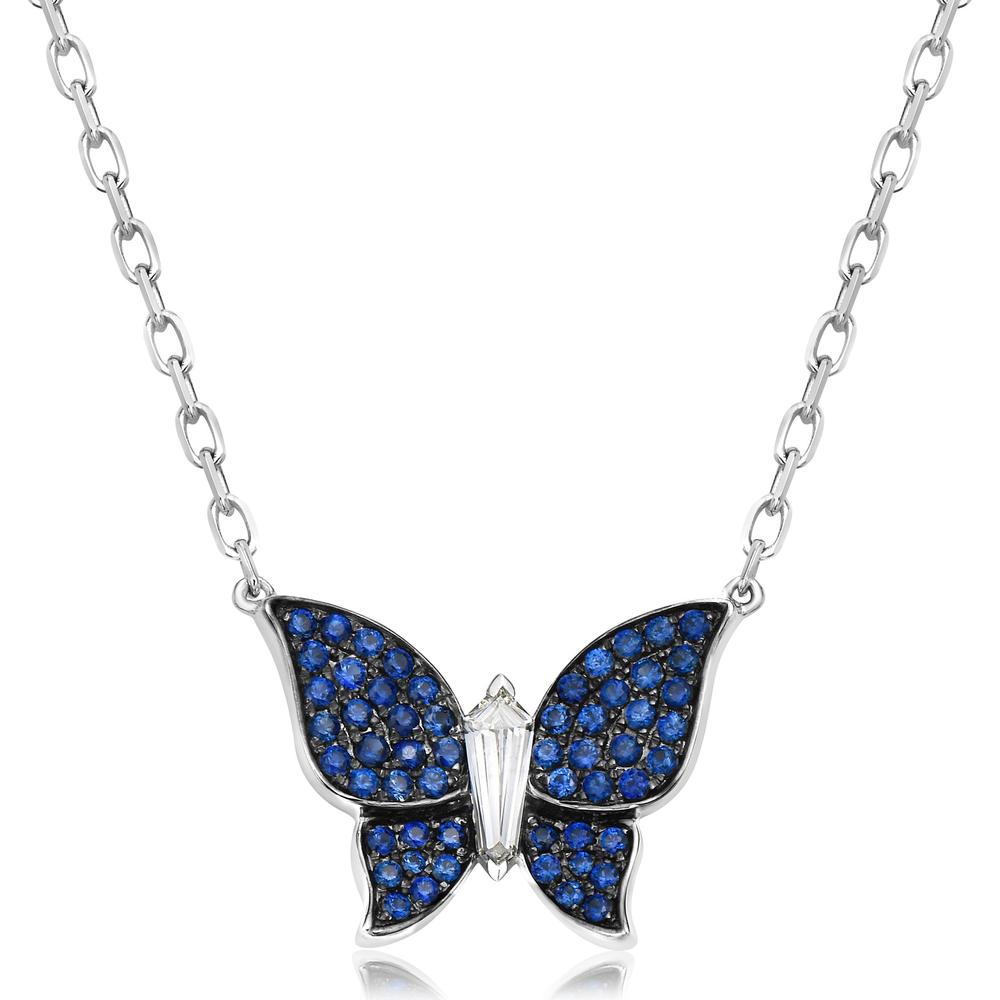 Diamond and Blue Sapphire Pavé Butterfly Necklace in 18K White Gold by Charles Krypell