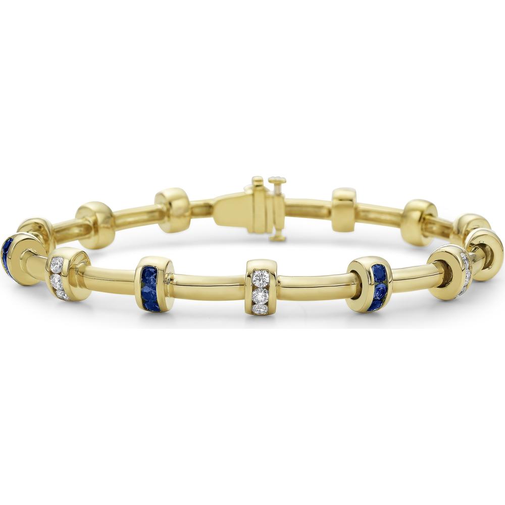 Diamond and Blue Sapphire Signature Station Tube Bracelet in 18K Yellow Gold by Charles Krypell