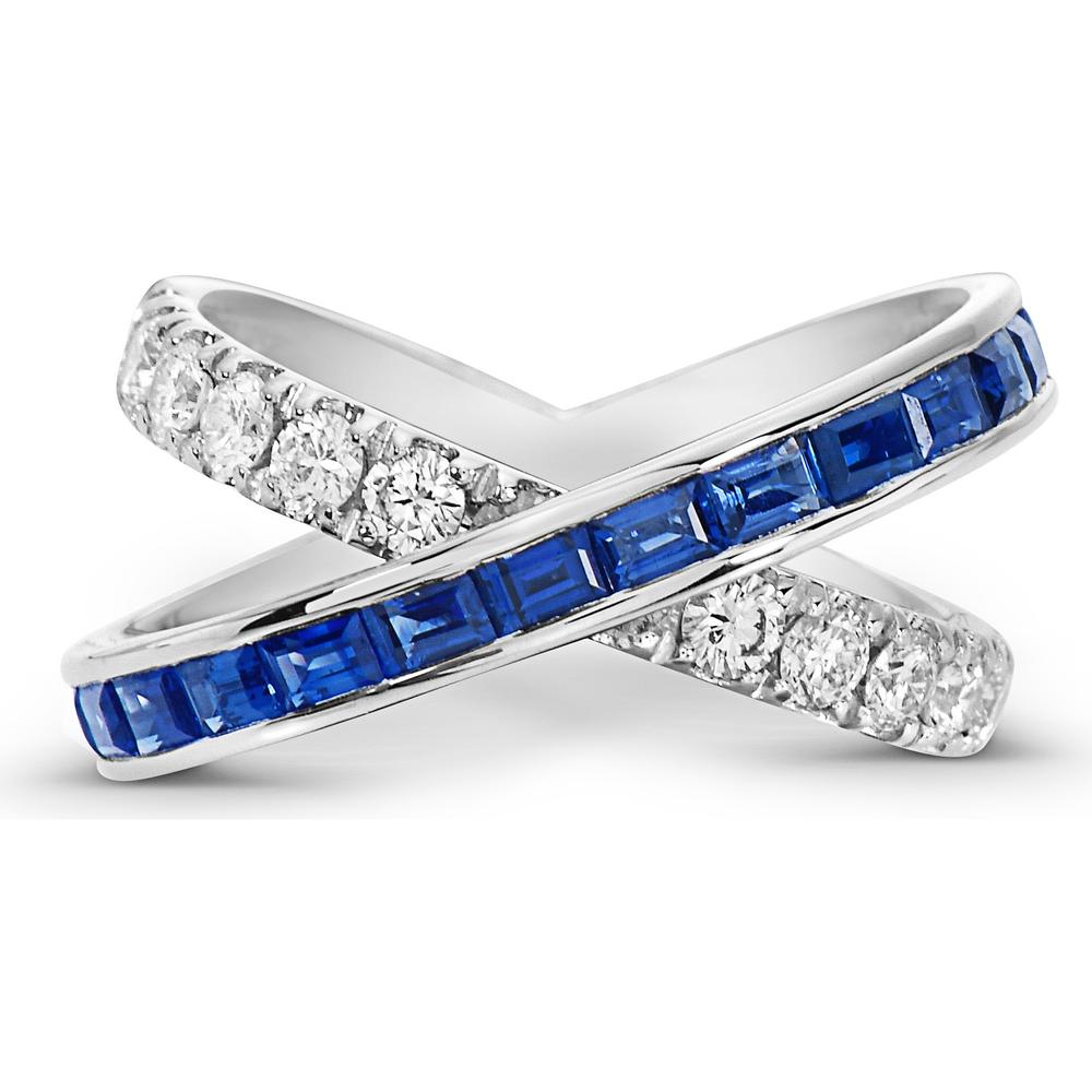 Diamond and Blue Sapphire X Ring in 18K White Gold by Charles Krypell