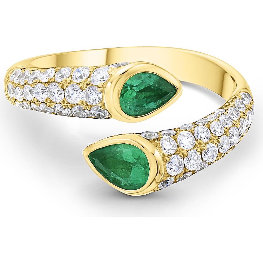 Diamond and Emerald Pavé Reflection Bypass Ring in 18K Yellow Gold by Charles Krypell