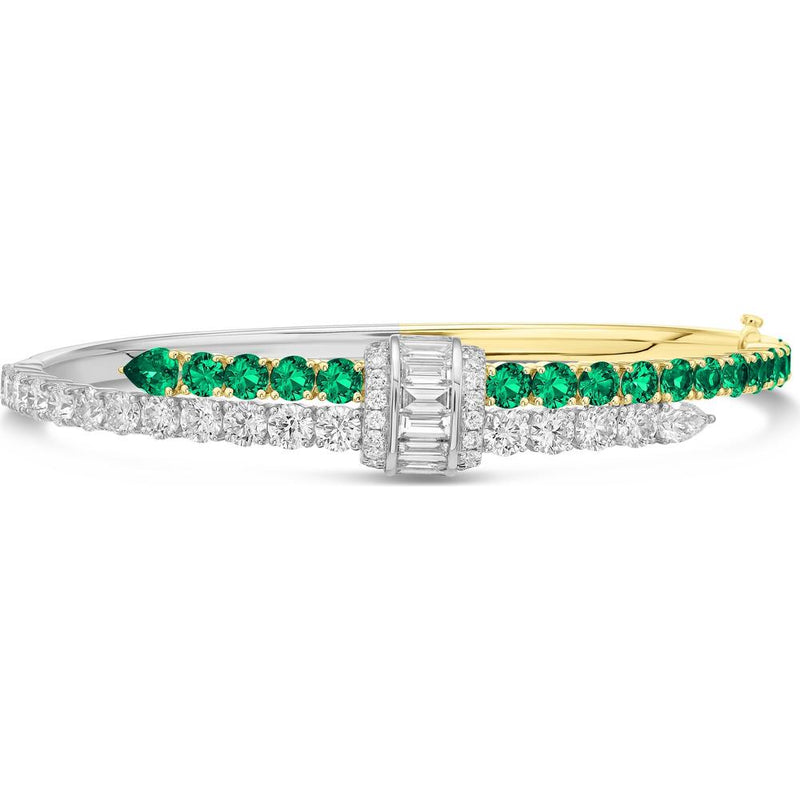 Diamond and Emerald Signature Pull Bangle Bracelet in 18K White Gold and Yellow Gold by Charles Krypell
