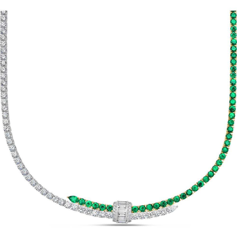 Diamond and Emerald Signature Pull Necklace in 18K White Gold and Yellow Gold by Charles Krypell