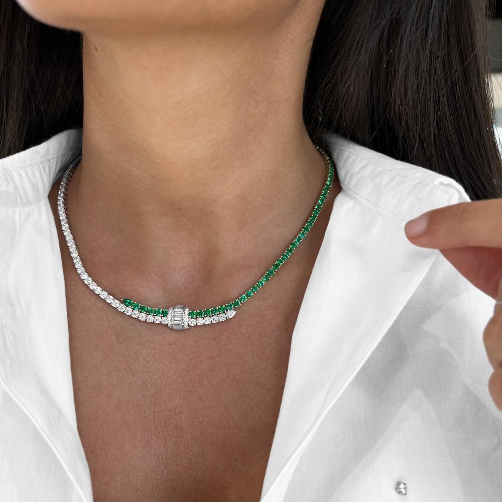 Diamond and Emerald Signature Pull Necklace in 18K White Gold and Yellow Gold by Charles Krypell