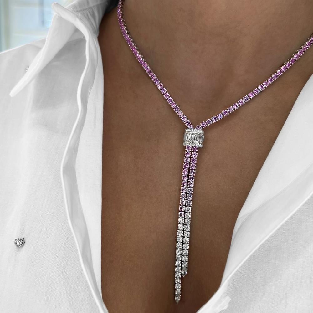 Diamond and Pin Sapphire Signature Pink Ombre Lariat 17" Necklace in 18K White Gold by Charles Krypell