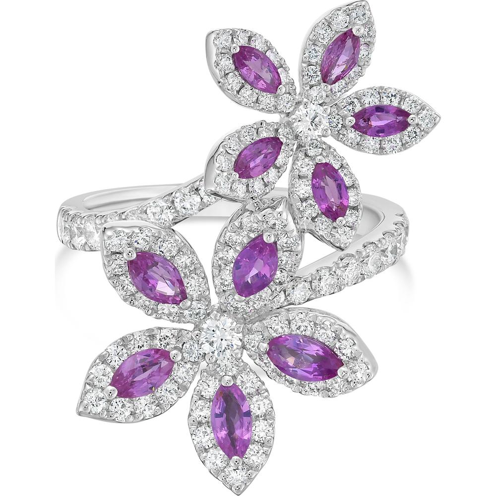 Diamond and Pink Sapphire Double Flower Ring in 18K White Gold by Charles Krypell