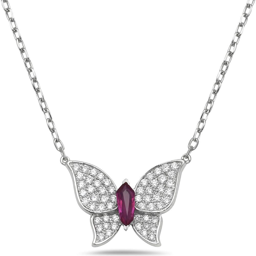 Diamond and Ruby Pavé Butterfly Necklace in 18K White Gold by Charles Krypell