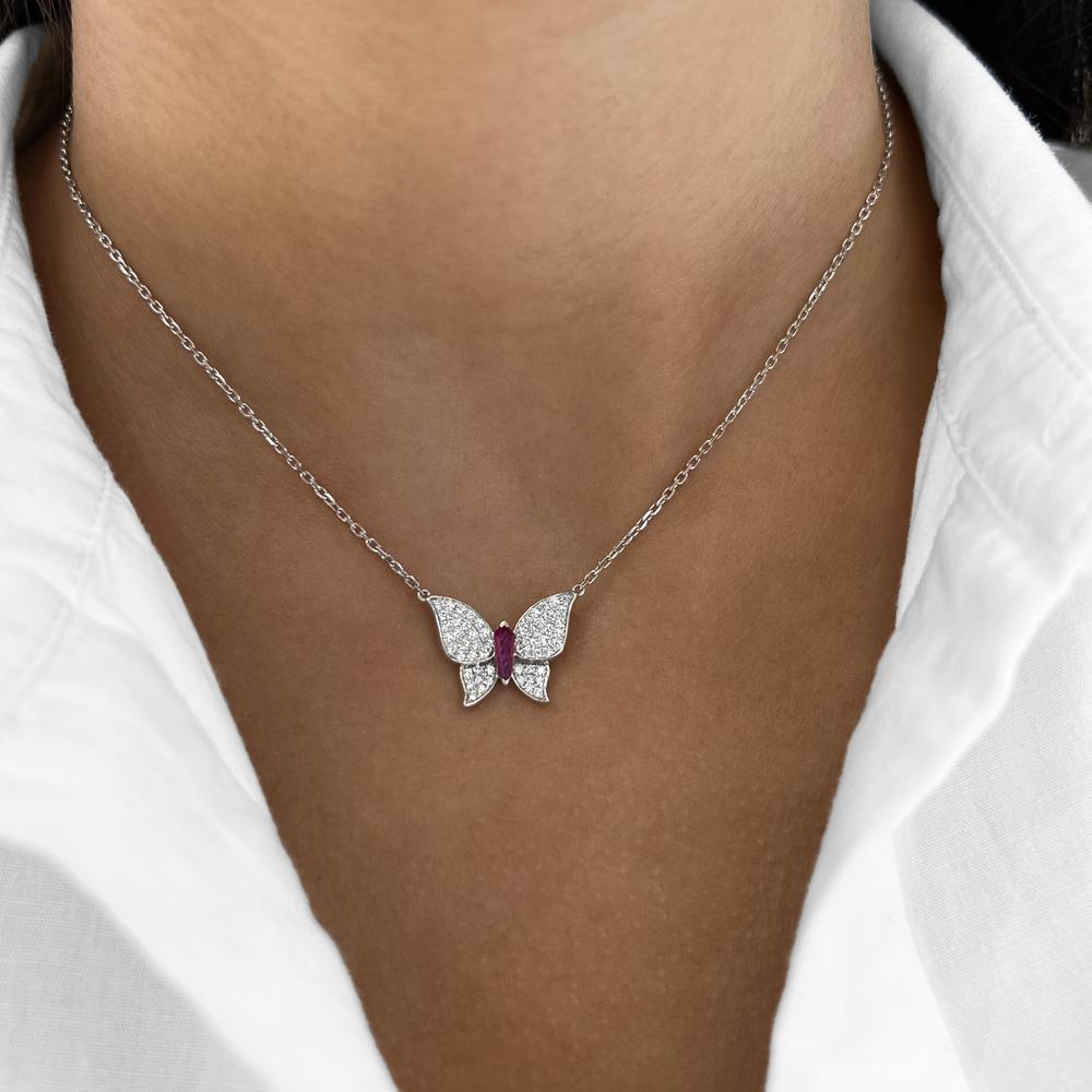 Diamond and Ruby Pavé Butterfly Necklace in 18K White Gold by Charles Krypell