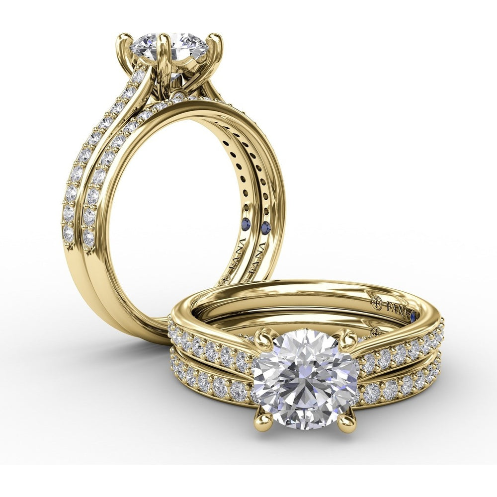 Diamond Engagement Ring Setting with Bead-Set Prongs and Pavé Band by Fana