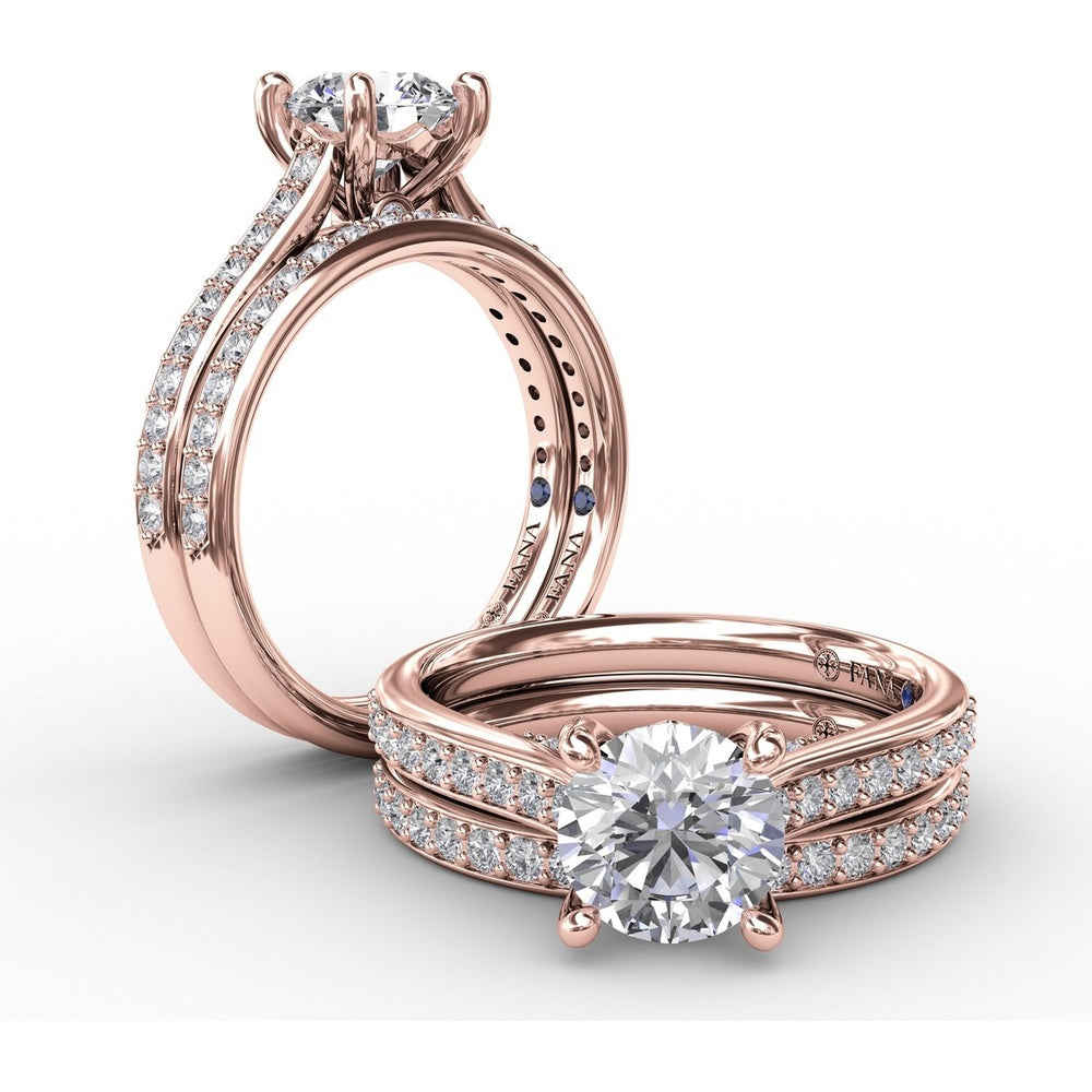 Diamond Engagement Ring Setting with Bead-Set Prongs and Pavé Band by Fana