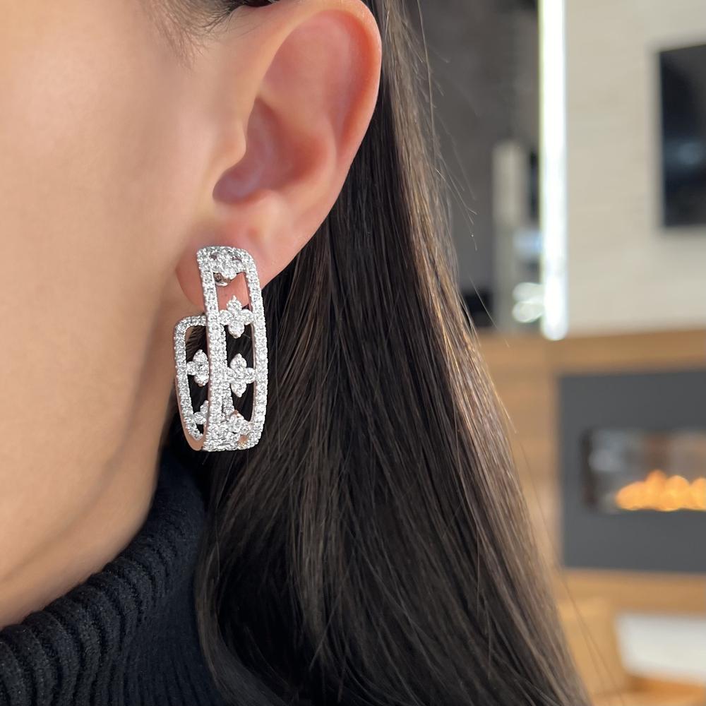 Diamond Floating Clover Hoop Earrings in 18K White Gold by Charles Krypell