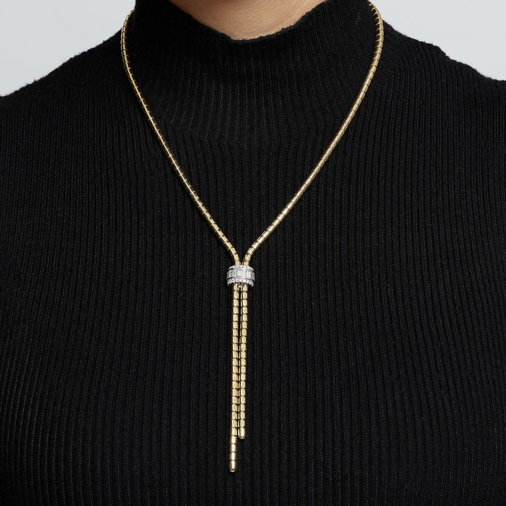 Diamond Gold Tube Lariat 17" Necklace in 18K Yellow Gold by Charles Krypell