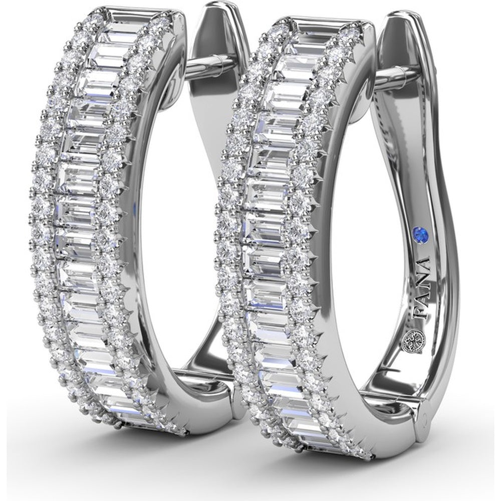 Diamond Hoop Earrings with Horizontal Baguette and Round Diamonds by Fana - 1.38 Carat Total Diamond Weight