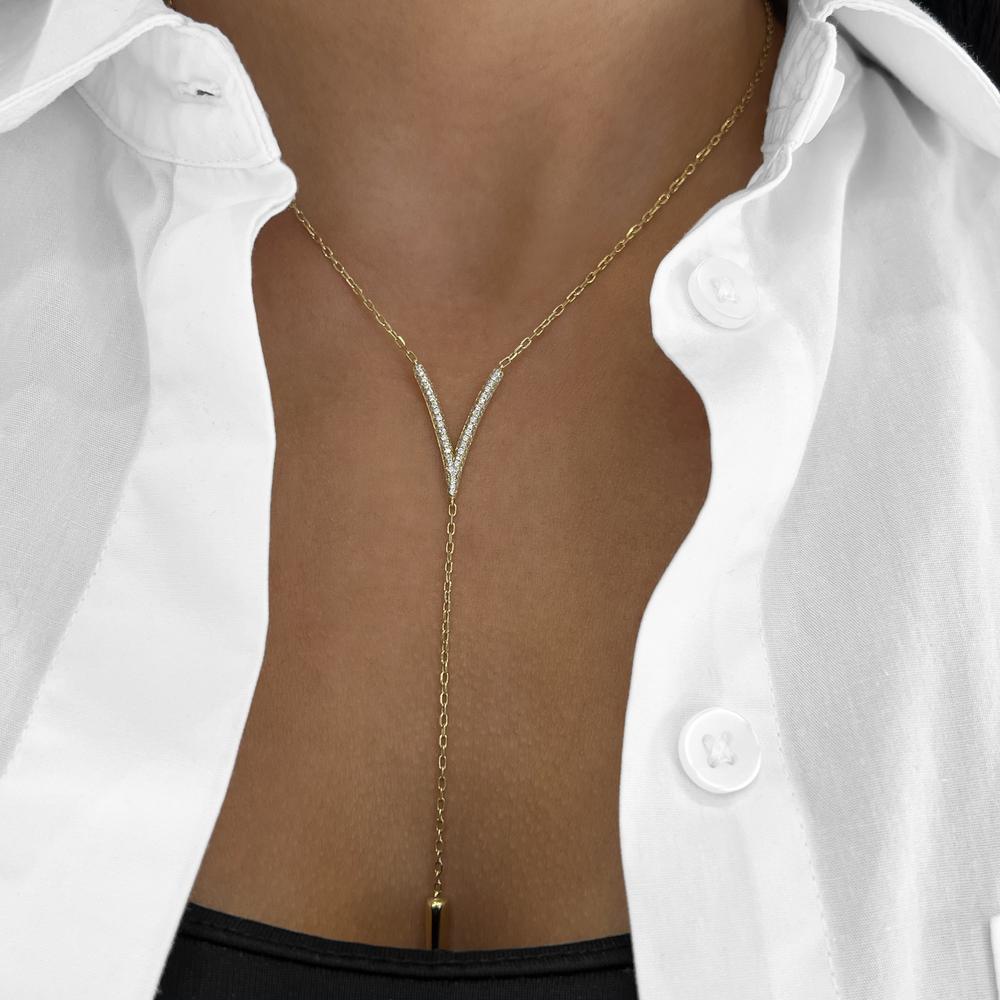 Diamond Pavé V Lariat Necklace in 18K Yellow Gold by Charles Krypell