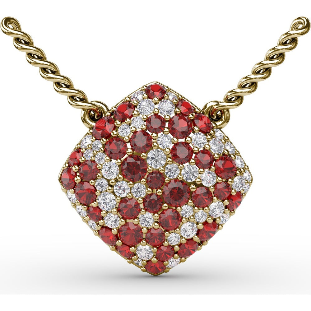 Diamond-Shaped Pendant with Pavé Ruby and Diamond Accents by Fana - 1.33 Carat Total Gemstone Weight