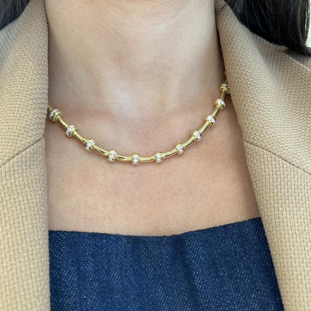 Diamond Signature Station Tube Necklace in 18K Yellow Gold by Charles Krypell