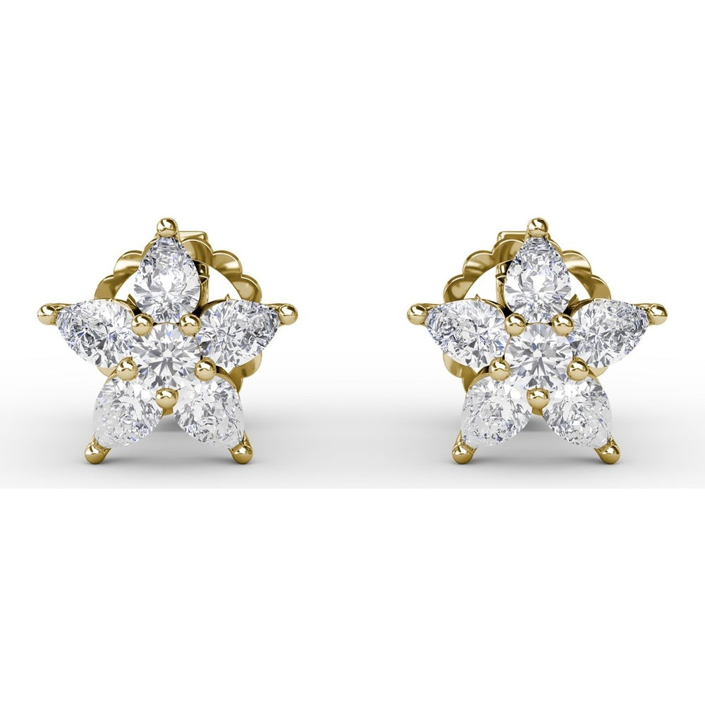 Diamond Star Stud Earrings with Pear-Shaped Cluster Stones by Fana - 0.94 Carat Total Diamond Weight