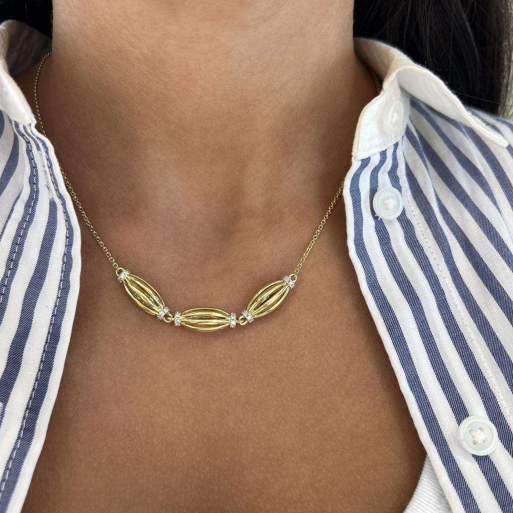 Diamond Three Station Tapered Barrel Birdcage Necklace in 18K Yellow Gold by Charles Krypell
