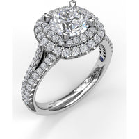 Double Halo Engagement Ring Setting with Pavé Split Shank and Round Diamonds by Fana - 0.67 Carat Total Diamond Weight