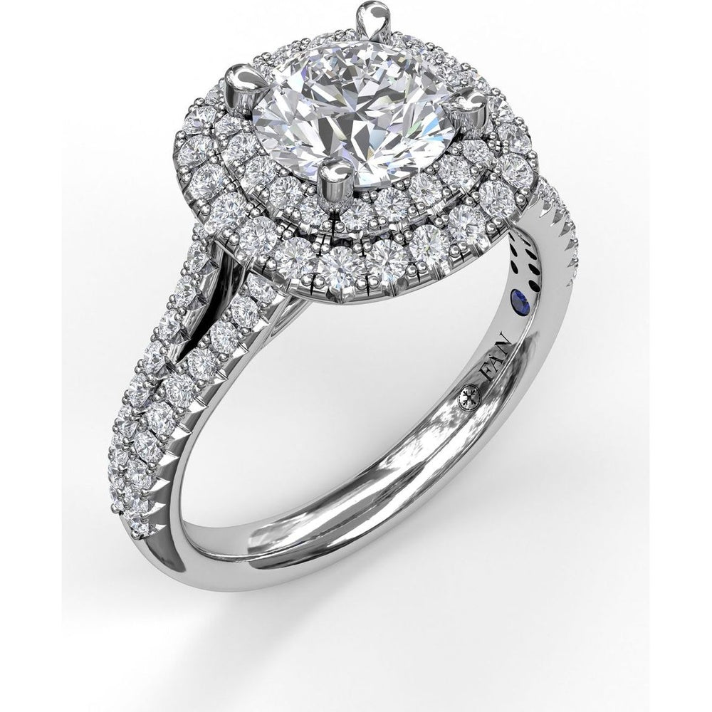 Double Halo Engagement Ring Setting with Pavé Split Shank and Round Diamonds by Fana - 0.67 Carat Total Diamond Weight