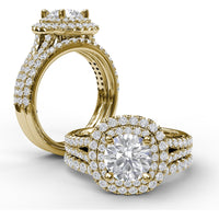 Double Halo Engagement Ring Setting with Pavé Split Shank and Round Diamonds by Fana - 0.67 Carat Total Diamond Weight