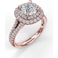 Double Halo Engagement Ring Setting with Pavé Split Shank and Round Diamonds by Fana - 0.67 Carat Total Diamond Weight
