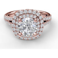 Double Halo Engagement Ring Setting with Pavé Split Shank and Round Diamonds by Fana - 0.67 Carat Total Diamond Weight