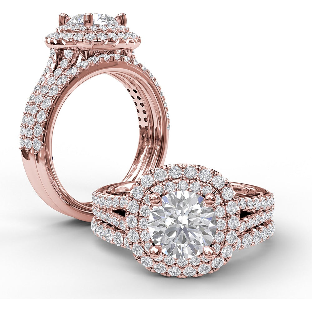 Double Halo Engagement Ring Setting with Pavé Split Shank and Round Diamonds by Fana - 0.67 Carat Total Diamond Weight