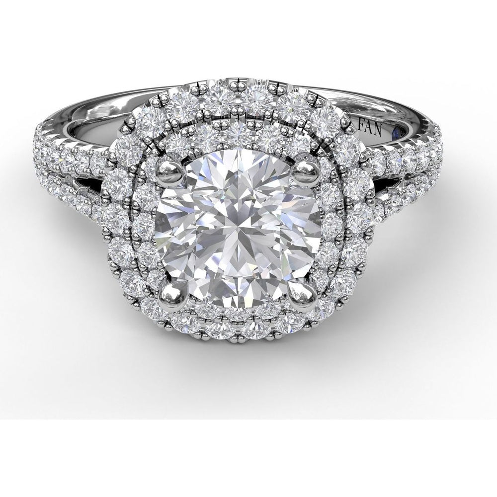 Double Halo Engagement Ring Setting with Pavé Split Shank and Round Diamonds by Fana - 0.67 Carat Total Diamond Weight