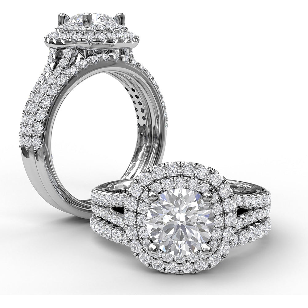 Double Halo Engagement Ring Setting with Pavé Split Shank and Round Diamonds by Fana - 0.67 Carat Total Diamond Weight