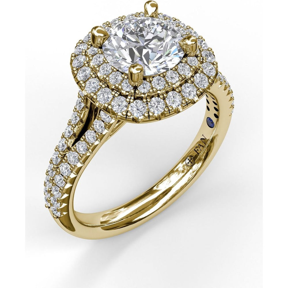 Double Halo Engagement Ring Setting with Pavé Split Shank and Round Diamonds by Fana - 0.67 Carat Total Diamond Weight