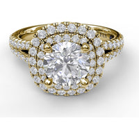 Double Halo Engagement Ring Setting with Pavé Split Shank and Round Diamonds by Fana - 0.67 Carat Total Diamond Weight