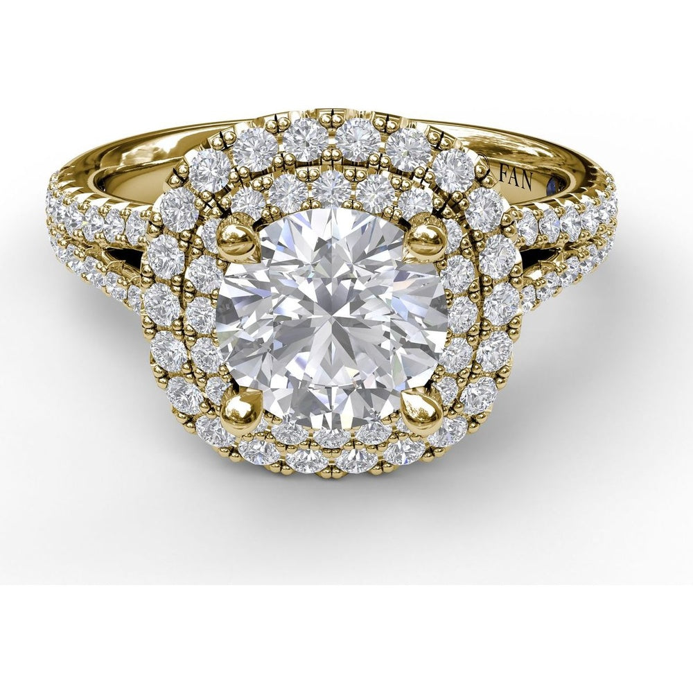 Double Halo Engagement Ring Setting with Pavé Split Shank and Round Diamonds by Fana - 0.67 Carat Total Diamond Weight