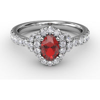 Double Halo Ring with Oval Ruby and Pavé Split Shank Diamonds by Fana - 1.20 Carat Total Gemstone Weight