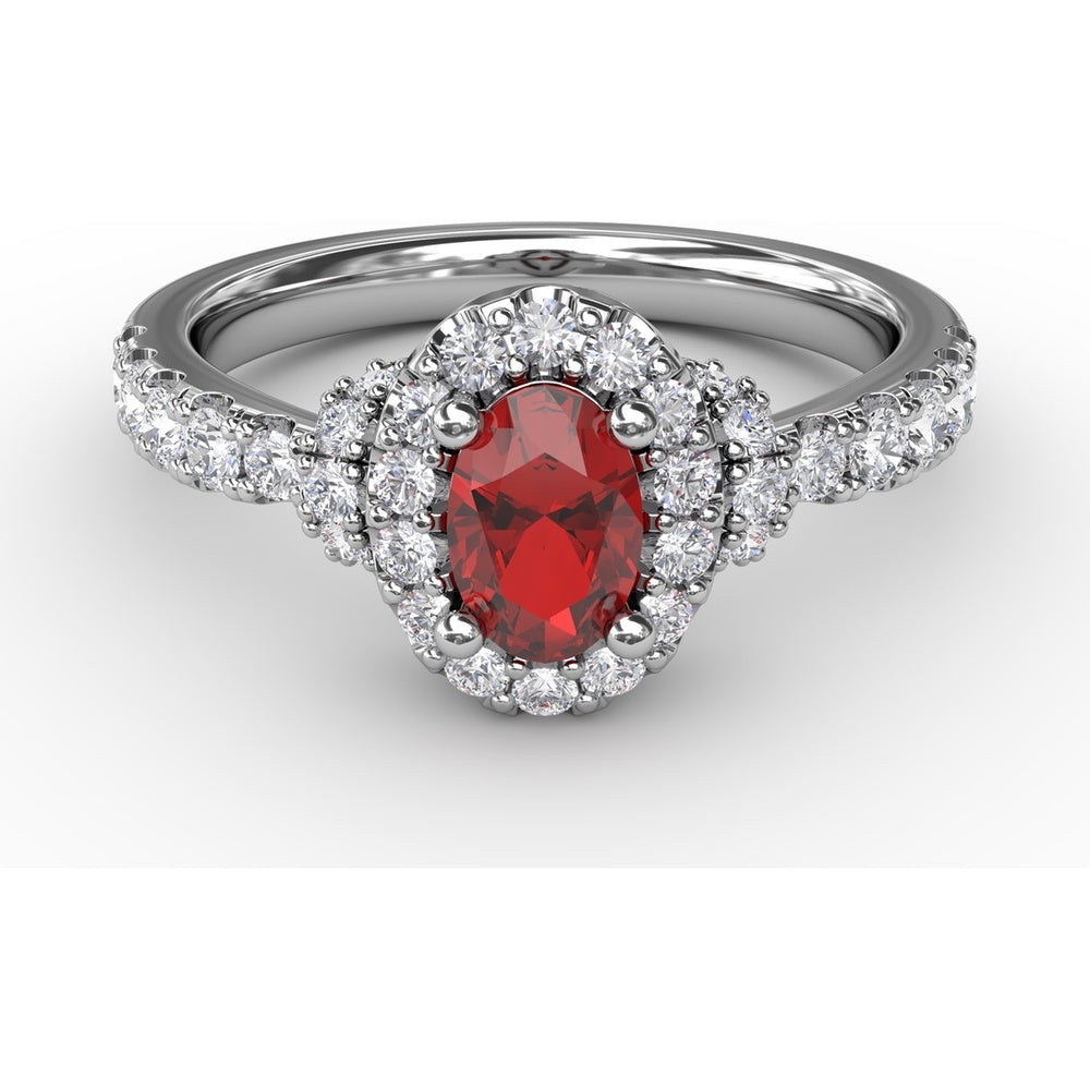 Double Halo Ring with Oval Ruby and Pavé Split Shank Diamonds by Fana - 1.20 Carat Total Gemstone Weight