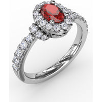 Double Halo Ring with Oval Ruby and Pavé Split Shank Diamonds by Fana - 1.20 Carat Total Gemstone Weight