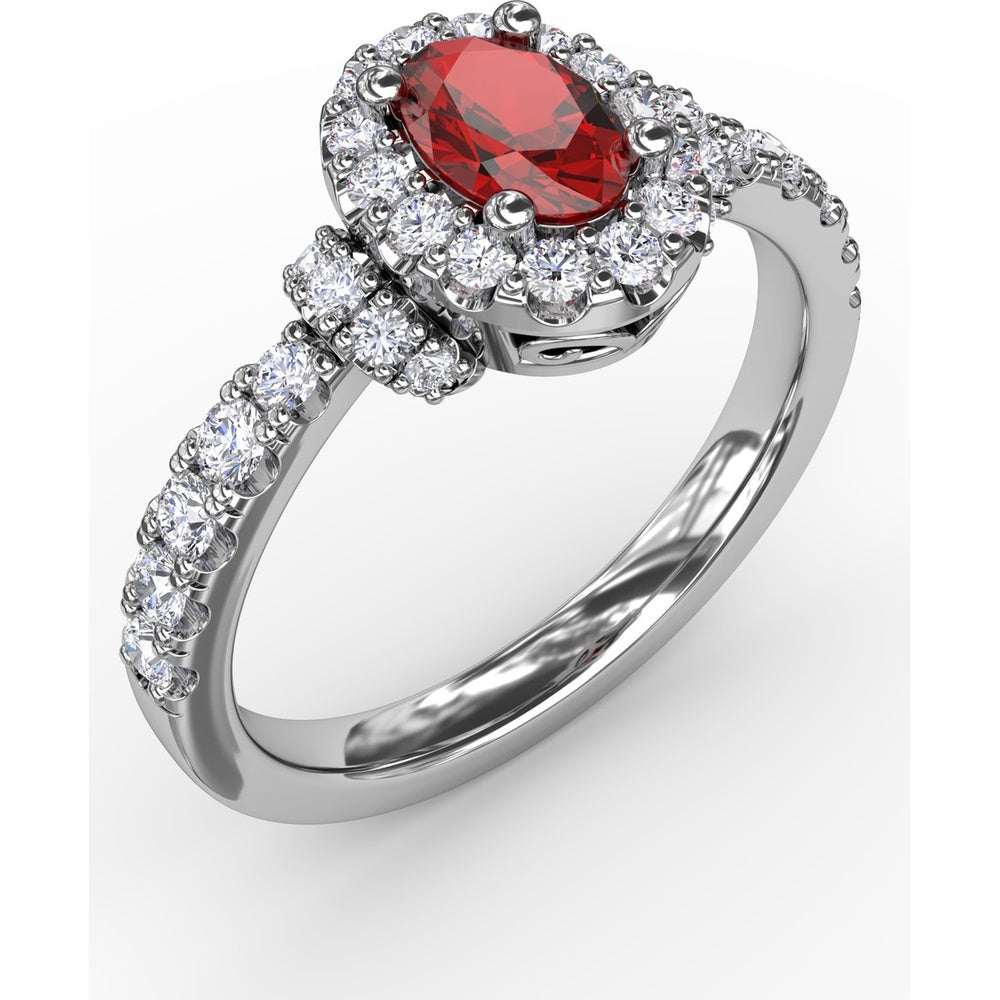 Double Halo Ring with Oval Ruby and Pavé Split Shank Diamonds by Fana - 1.20 Carat Total Gemstone Weight