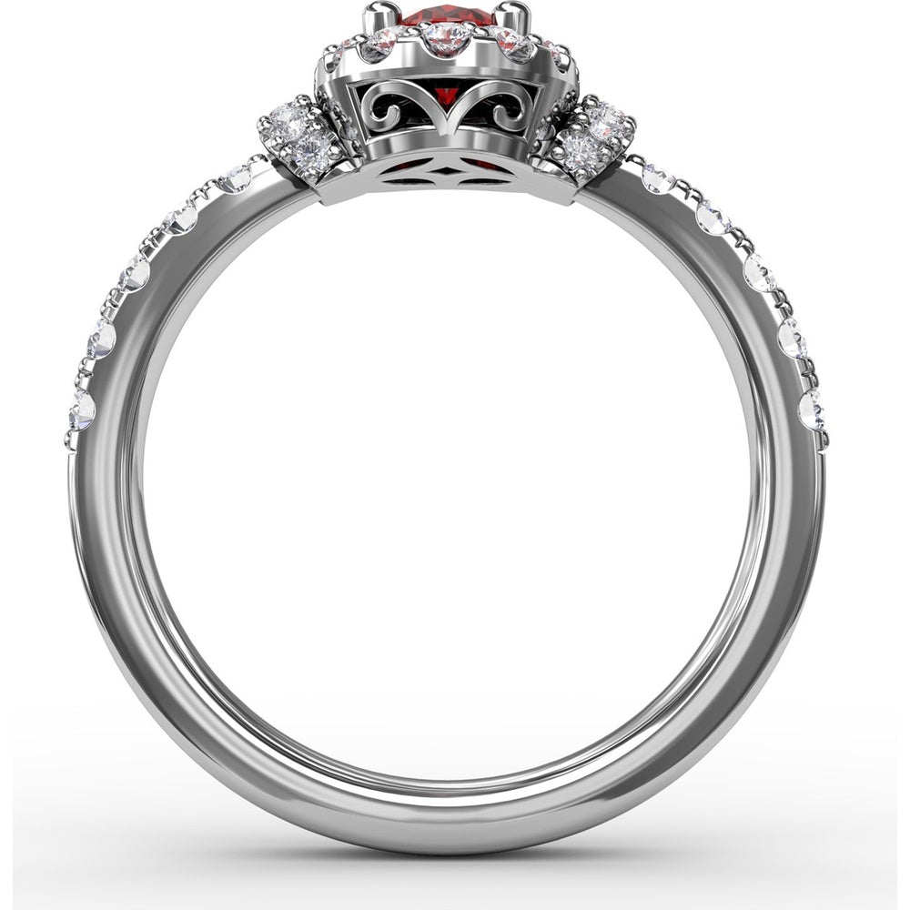 Double Halo Ring with Oval Ruby and Pavé Split Shank Diamonds by Fana - 1.20 Carat Total Gemstone Weight