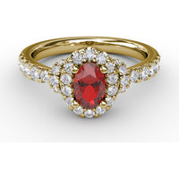 Double Halo Ring with Oval Ruby and Pavé Split Shank Diamonds by Fana - 1.20 Carat Total Gemstone Weight