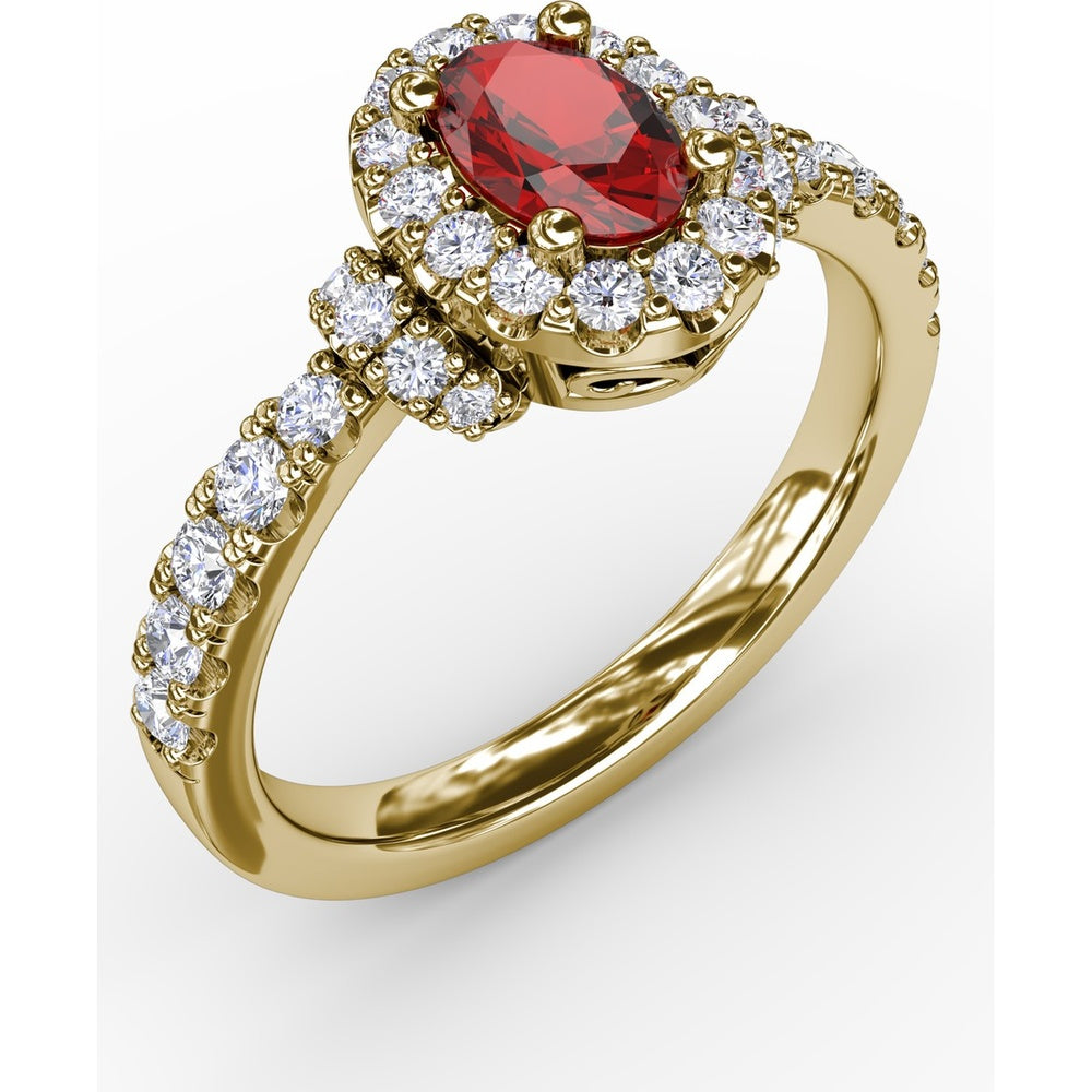 Double Halo Ring with Oval Ruby and Pavé Split Shank Diamonds by Fana - 1.20 Carat Total Gemstone Weight