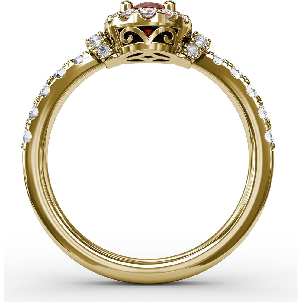 Double Halo Ring with Oval Ruby and Pavé Split Shank Diamonds by Fana - 1.20 Carat Total Gemstone Weight