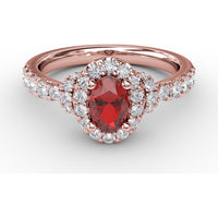 Double Halo Ring with Oval Ruby and Pavé Split Shank Diamonds by Fana - 1.20 Carat Total Gemstone Weight